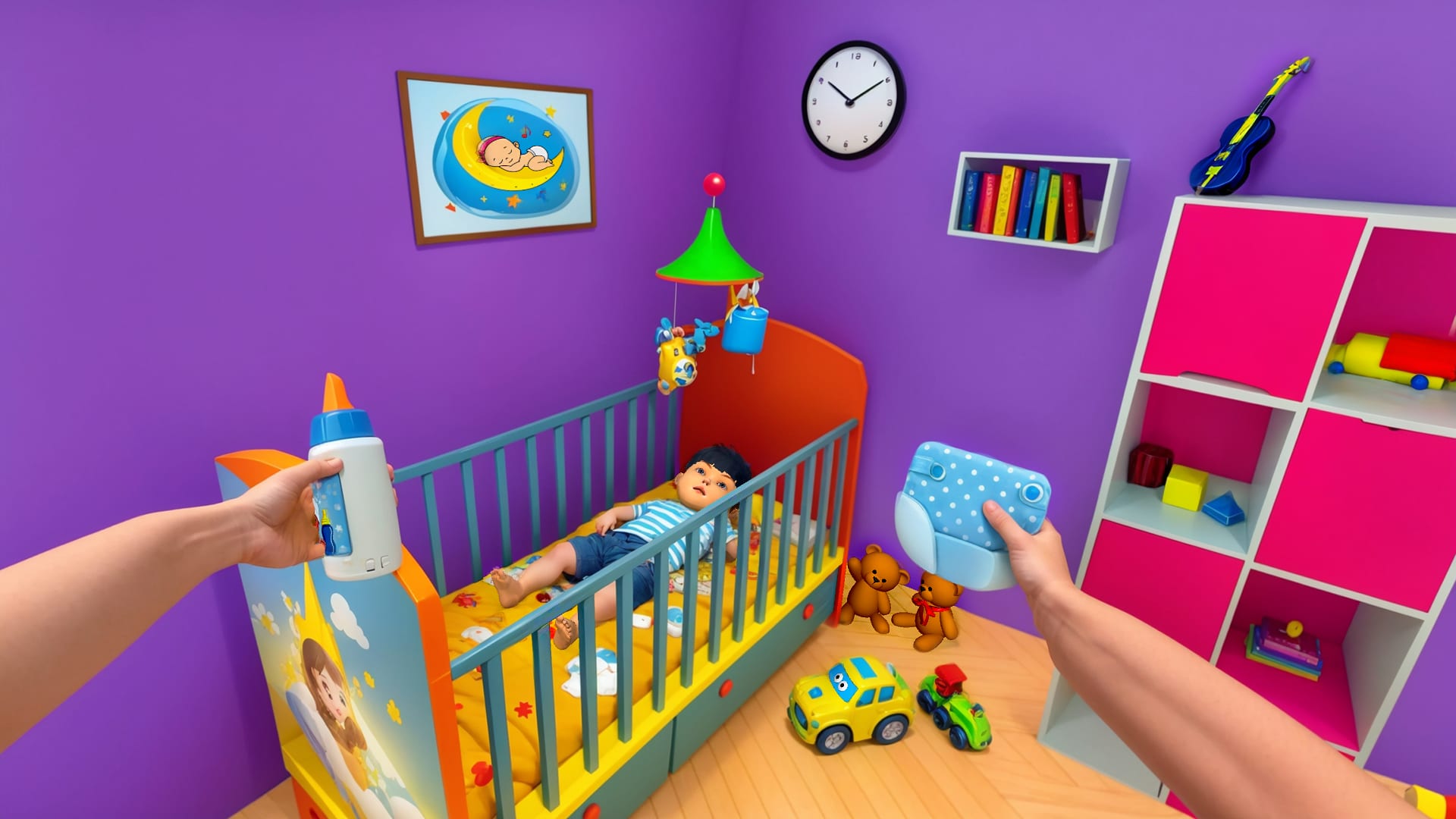 Take care of your baby, feed them, and complete essential parenting tasks.